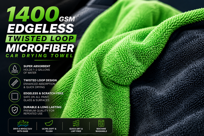 Premium 1400 GSM Edgeless Twisted Loop Microfiber Car Drying Towel – Ultra Absorbent, Scratch-Free Quick Dry Cloth